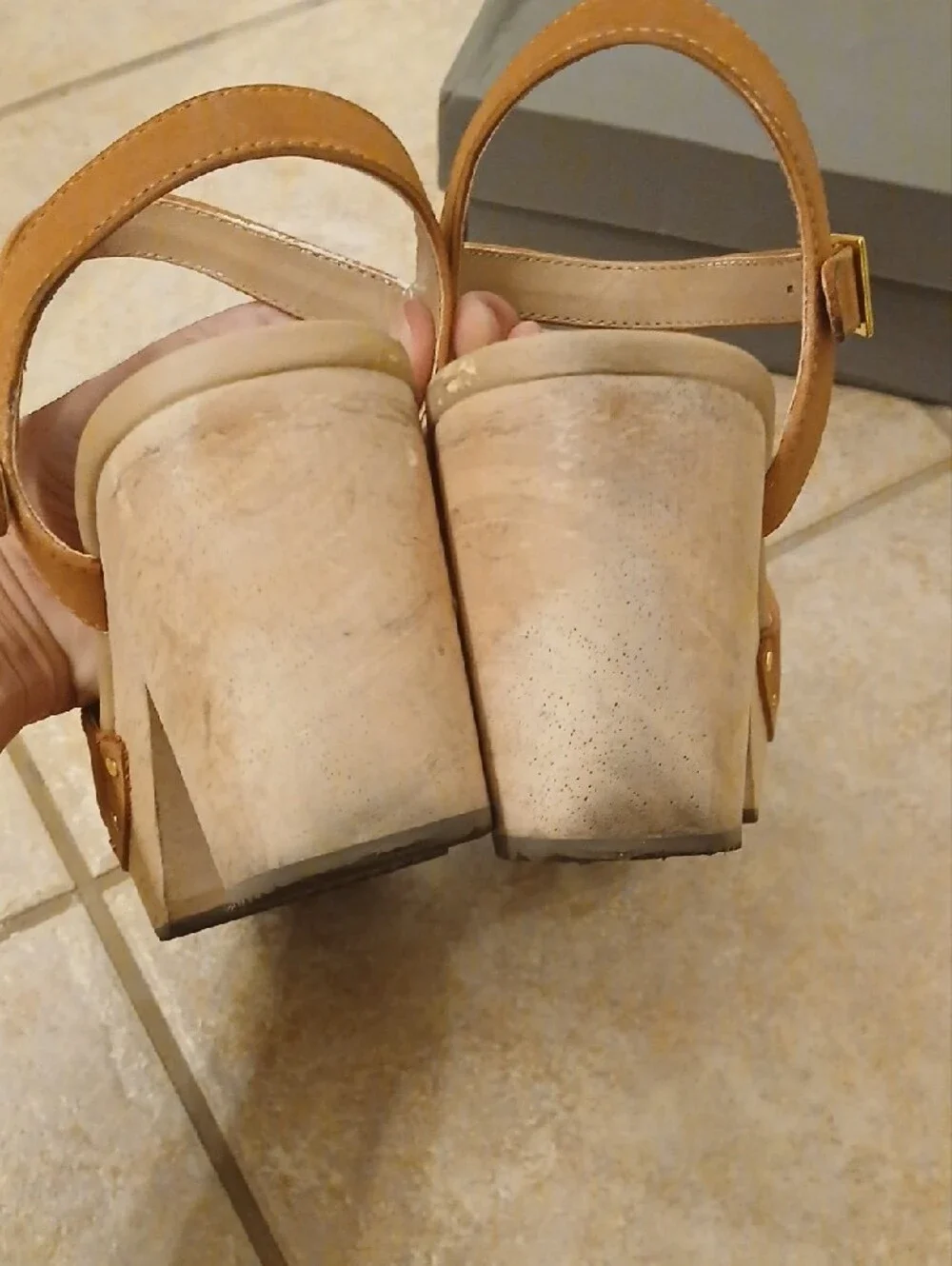 LOFT Cognac Leather Platform Clog Sandals with Ankle Strap